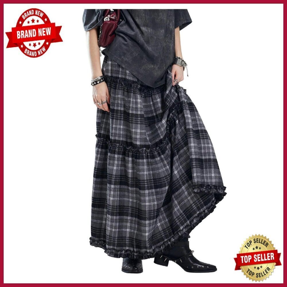 Vintage Grunge Gingham Plaid Tiered Maxi Skirt Ruffle A-Line